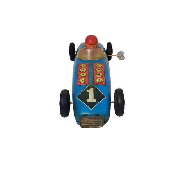 Vintage 1955 Tin Lithographed Wind-Up Indy Race Car #1 Toy Driver Blue Red WORKS - Picture 5 of 7
